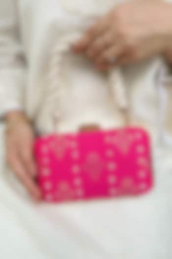 Pink Pure Silk Pearl Hand Embellished Clutch by AMYRA at Pernia's Pop Up Shop