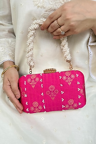 Pink Pure Silk Pearl Hand Embellished Clutch by AMYRA