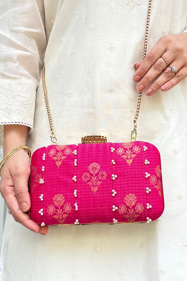 Pink Pure Silk Pearl Hand Embellished Clutch by AMYRA at Pernia's Pop Up Shop