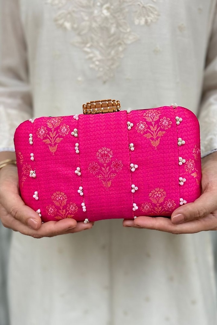 Pink Pure Silk Pearl Hand Embellished Clutch by AMYRA at Pernia's Pop Up Shop