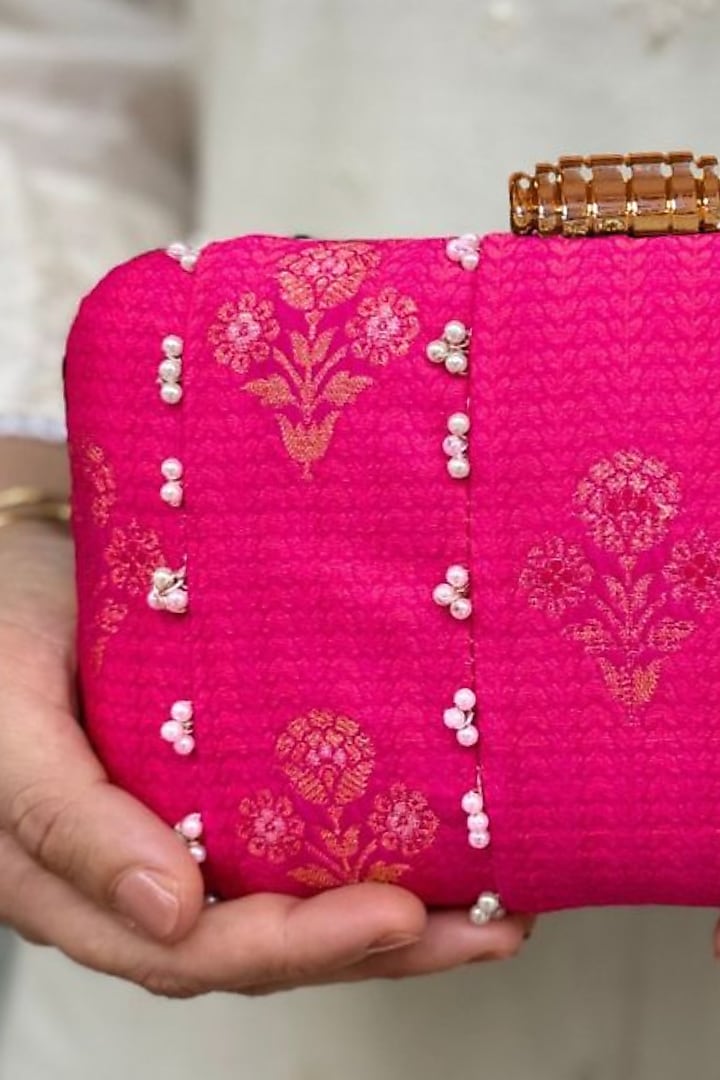 Pink Pure Silk Pearl Hand Embellished Clutch by AMYRA at Pernia's Pop Up Shop