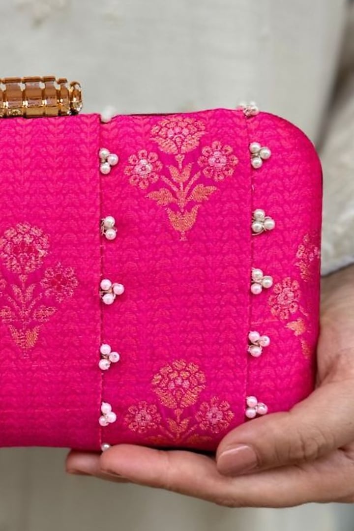 Pink Pure Silk Pearl Hand Embellished Clutch by AMYRA at Pernia's Pop Up Shop