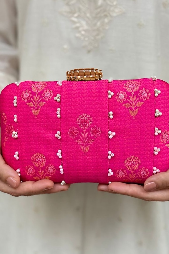 Pink Pure Silk Pearl Hand Embellished Clutch by AMYRA at Pernia's Pop Up Shop
