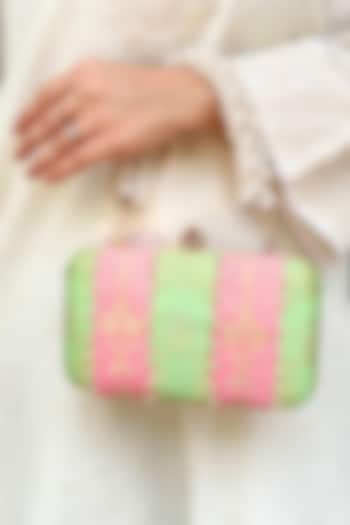 Pastel Pink & Pastel Green Hand Embroidered Clutch by AMYRA at Pernia's Pop Up Shop