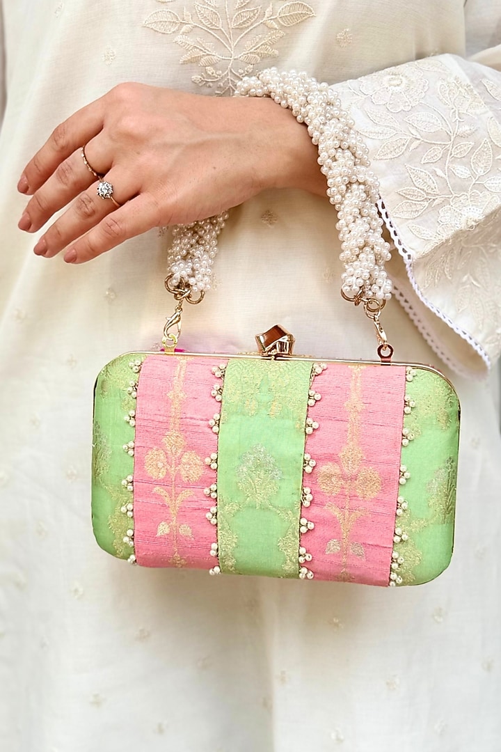 Pastel Pink & Pastel Green Hand Embroidered Clutch by AMYRA at Pernia's Pop Up Shop