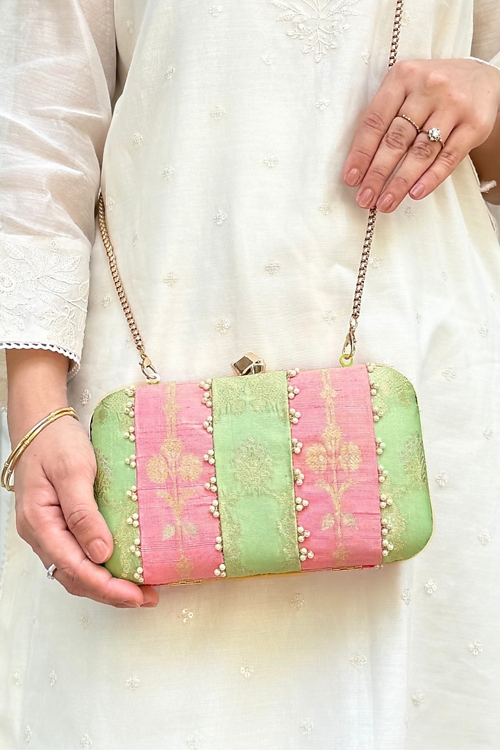 Pastel Pink & Pastel Green Hand Embroidered Clutch by AMYRA at Pernia's Pop Up Shop