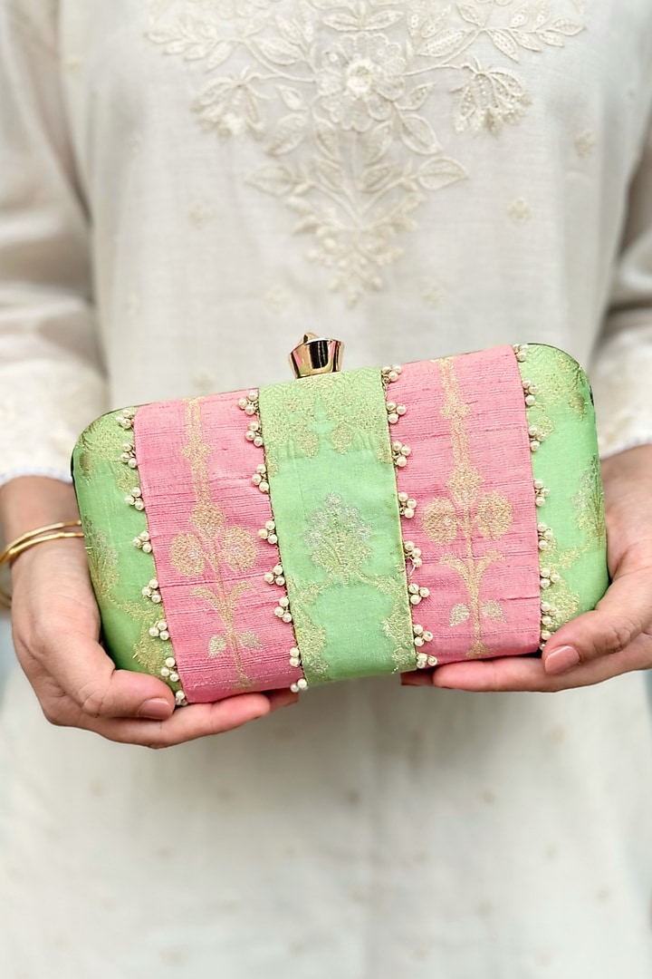 Pastel Pink & Pastel Green Hand Embroidered Clutch by AMYRA at Pernia's Pop Up Shop