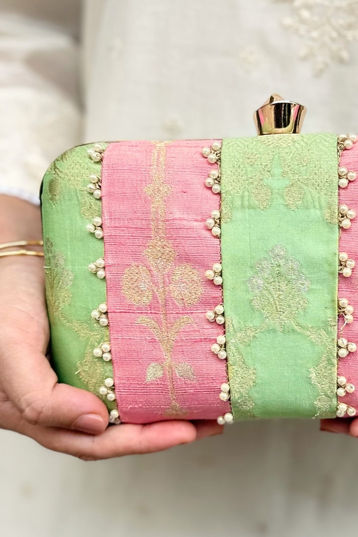 Pastel Pink & Pastel Green Hand Embroidered Clutch by AMYRA at Pernia's Pop Up Shop