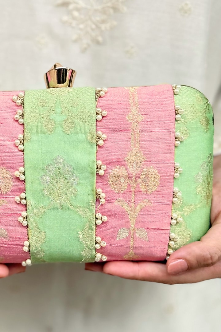 Pastel Pink & Pastel Green Hand Embroidered Clutch by AMYRA at Pernia's Pop Up Shop