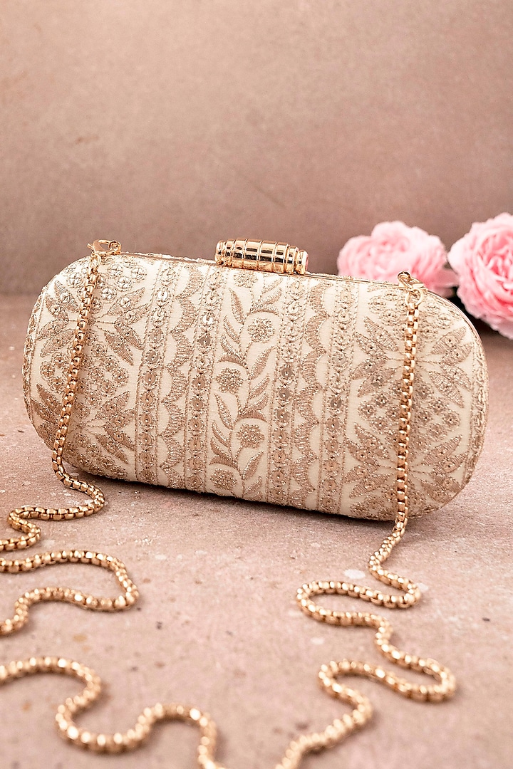 Cream & Gold Poly Silk Embroidered Clutch by AMYRA at Pernia's Pop Up Shop