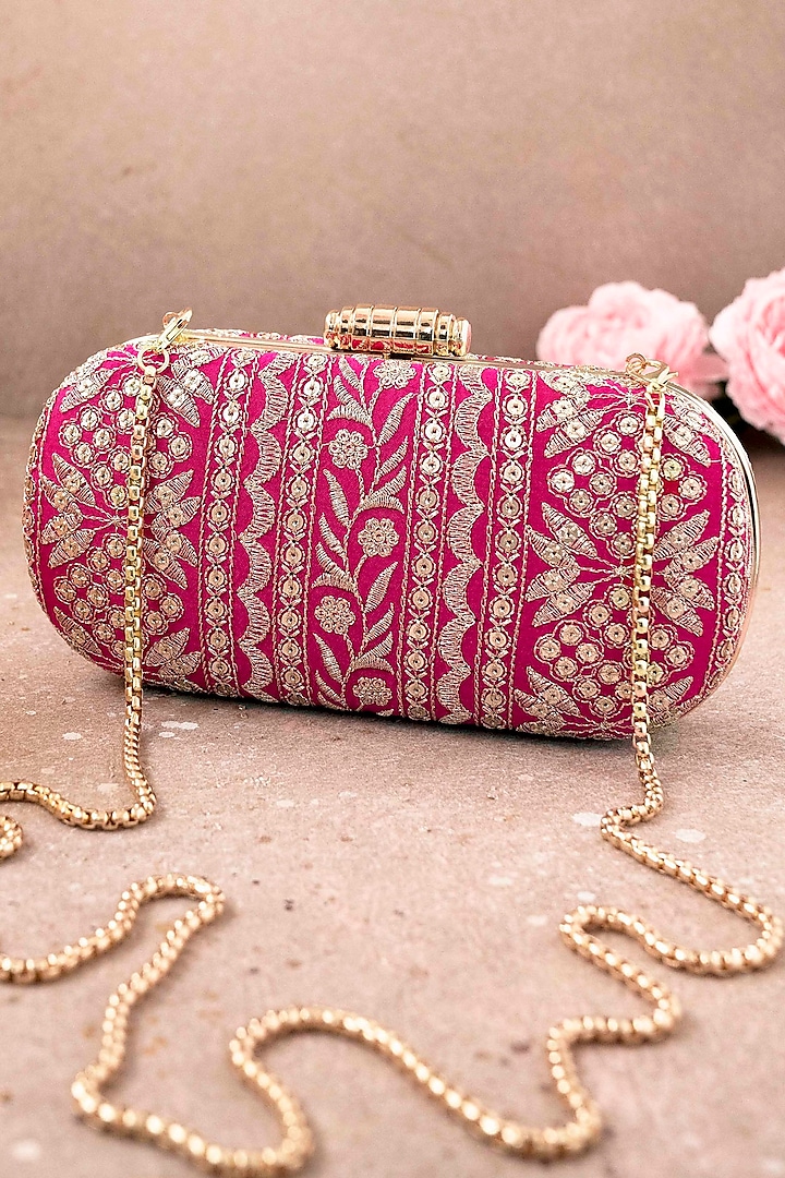 Pink Poly Silk Embroidered Clutch by AMYRA at Pernia's Pop Up Shop