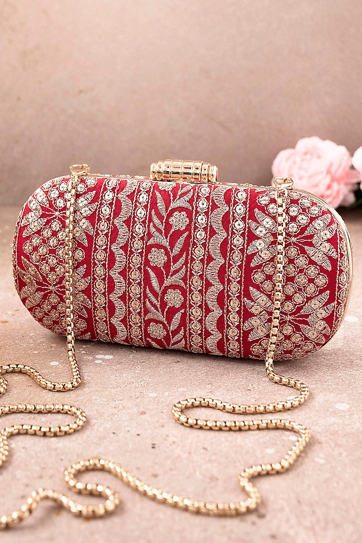 Red Poly Silk Embroidered Clutch by AMYRA at Pernia's Pop Up Shop