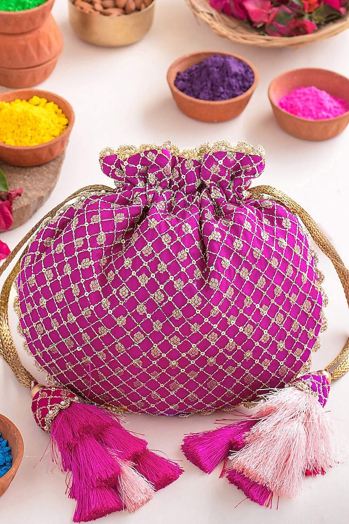 Pink Banarasi Silk Embroidered Potli by AMYRA