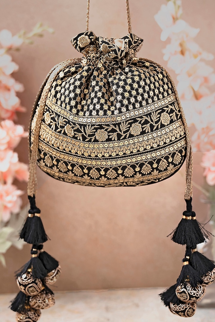 Black Silk Embroidered Potli by AMYRA at Pernia's Pop Up Shop