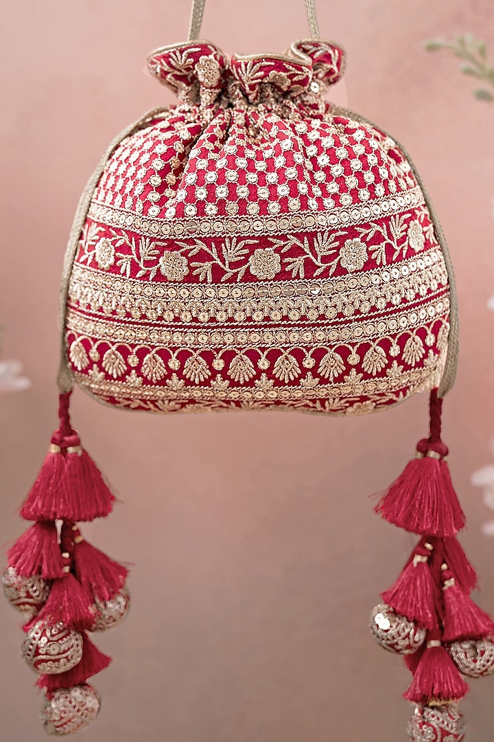 Red Silk Embroidered Potli by AMYRA