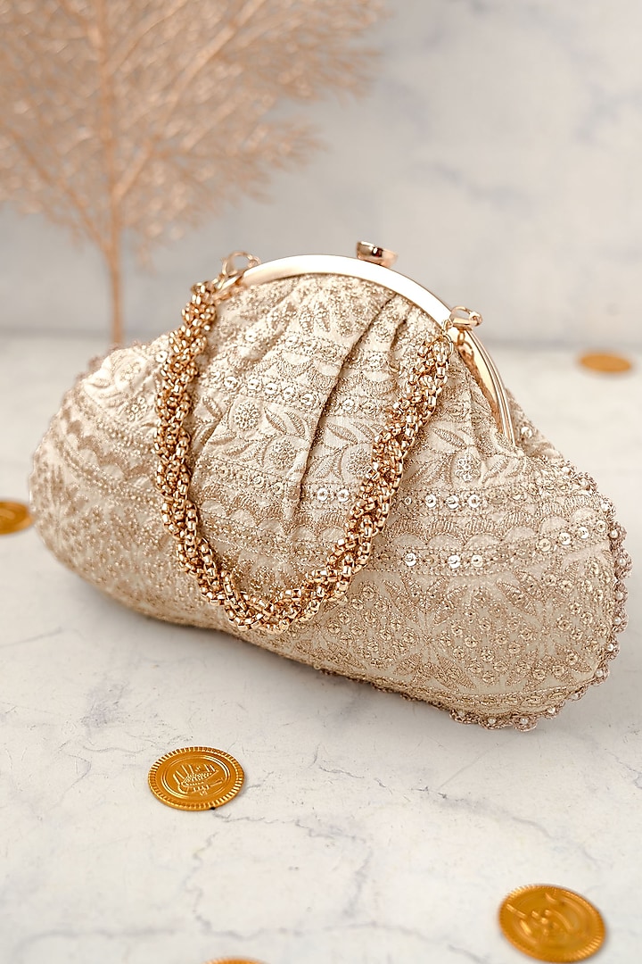 Cream Poly Silk Embroidered Purse by AMYRA at Pernia's Pop Up Shop