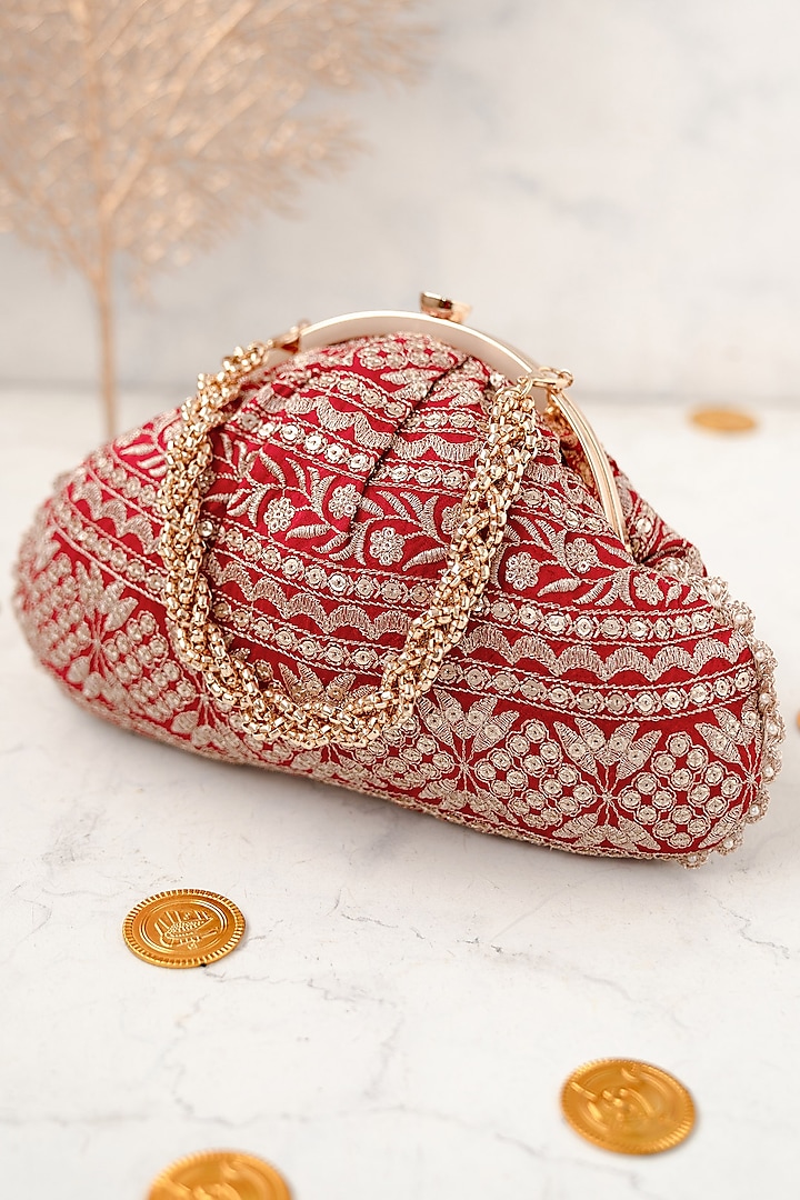 Red Poly Silk Embroidered Purse by AMYRA at Pernia's Pop Up Shop