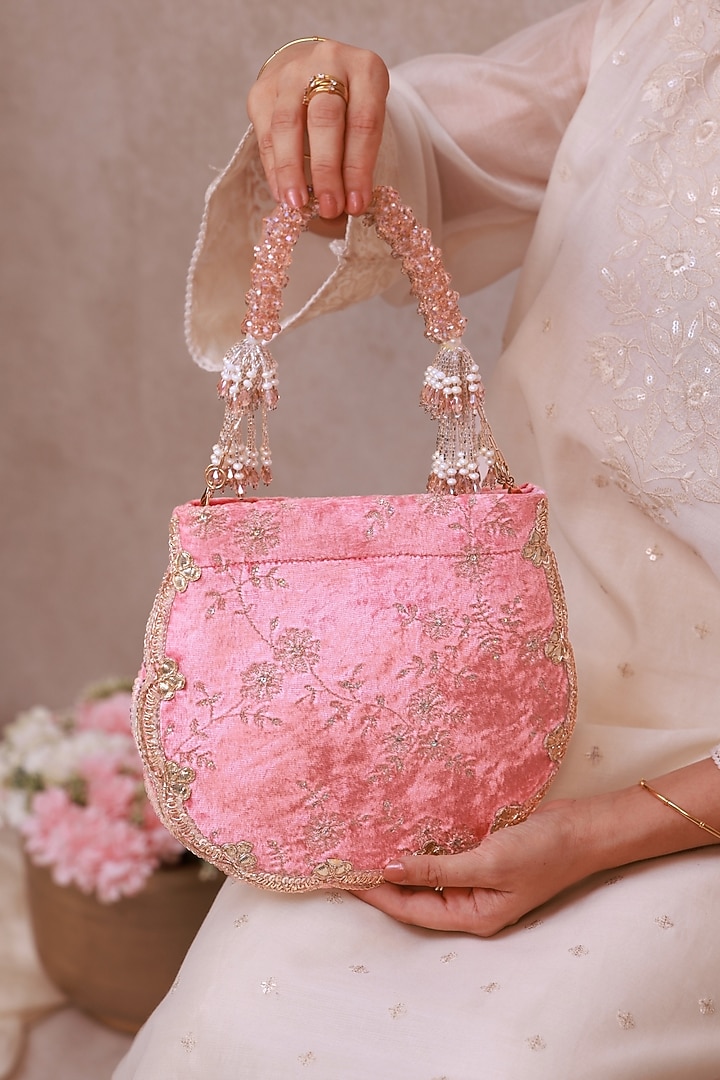 Pink Velvet Beads Embellished Purse by AMYRA at Pernia's Pop Up Shop
