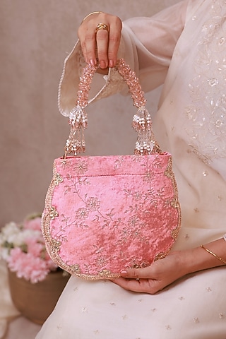 Pink Velvet Beads Embellished Purse by AMYRA