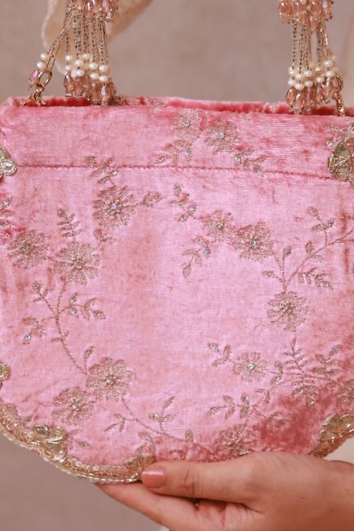 Pink Velvet Beads Embellished Purse by AMYRA at Pernia's Pop Up Shop