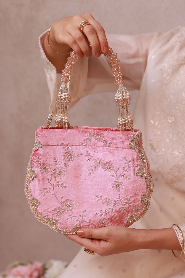 Pink Velvet Beads Embellished Purse by AMYRA at Pernia's Pop Up Shop