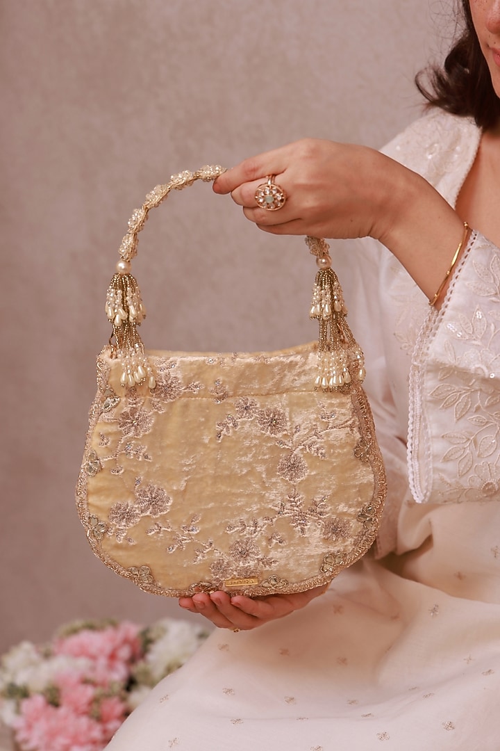 Off-White Velvet Beads Embellished Purse by AMYRA at Pernia's Pop Up Shop