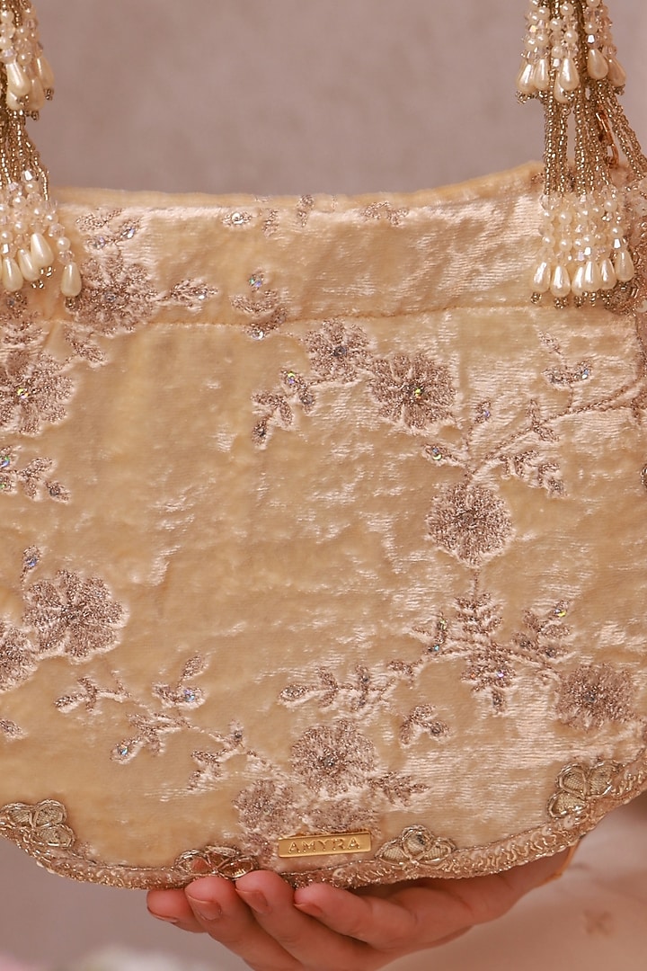 Off-White Velvet Beads Embellished Purse by AMYRA at Pernia's Pop Up Shop