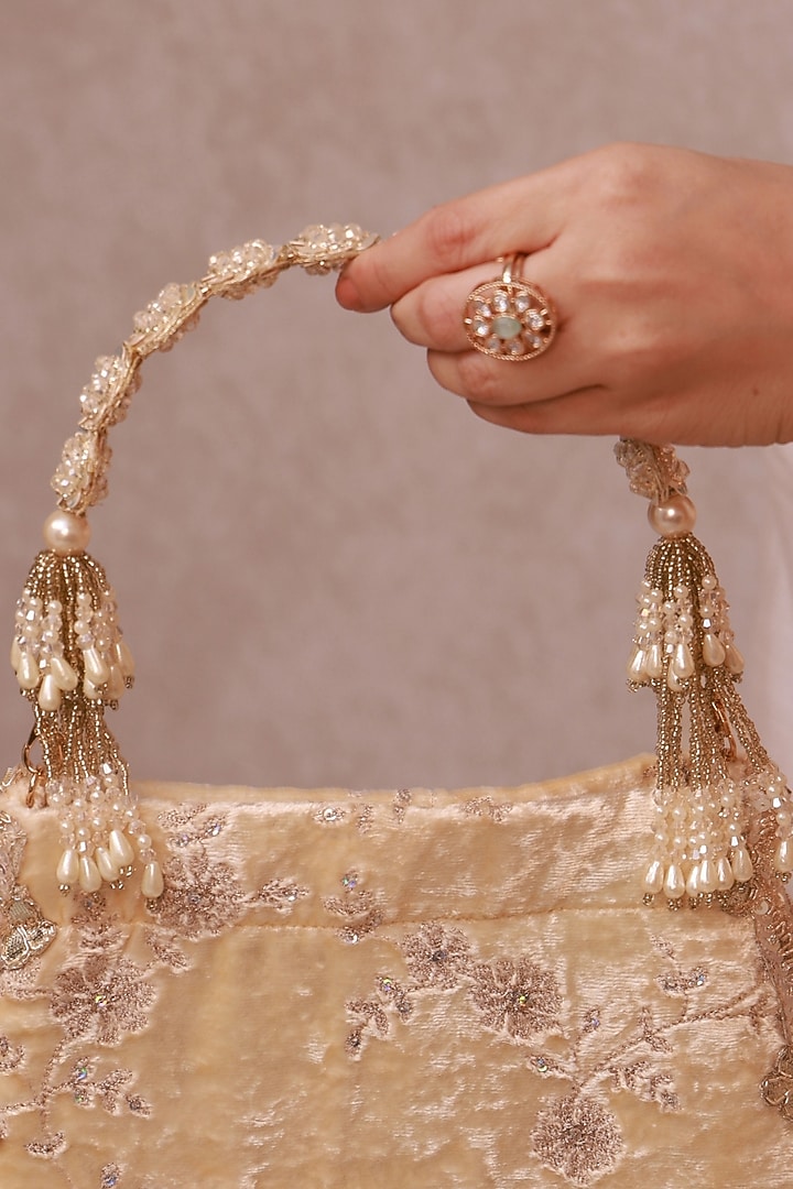 Off-White Velvet Beads Embellished Purse by AMYRA at Pernia's Pop Up Shop