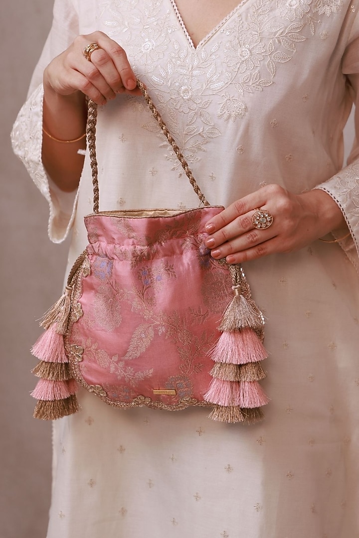 Light Pink Handwoven Silk Embroidered Potli by AMYRA at Pernia's Pop Up Shop