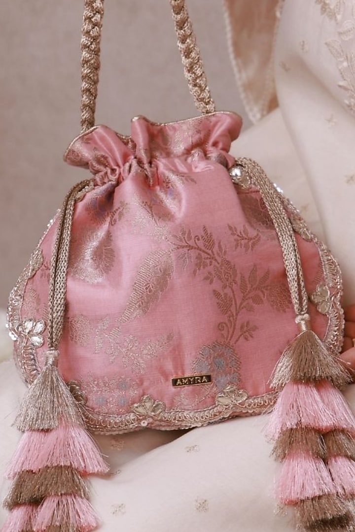 Light Pink Handwoven Silk Embroidered Potli by AMYRA at Pernia's Pop Up Shop