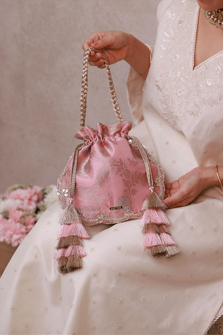 Light Pink Handwoven Silk Embroidered Potli by AMYRA at Pernia's Pop Up Shop