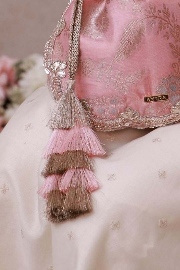 Light Pink Handwoven Silk Embroidered Potli by AMYRA at Pernia's Pop Up Shop