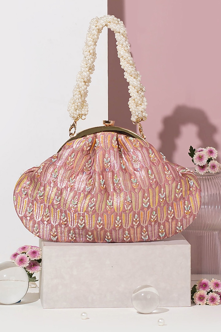 Mauve Pure Banarasi Silk Embroidered Clutch by AMYRA at Pernia's Pop Up Shop
