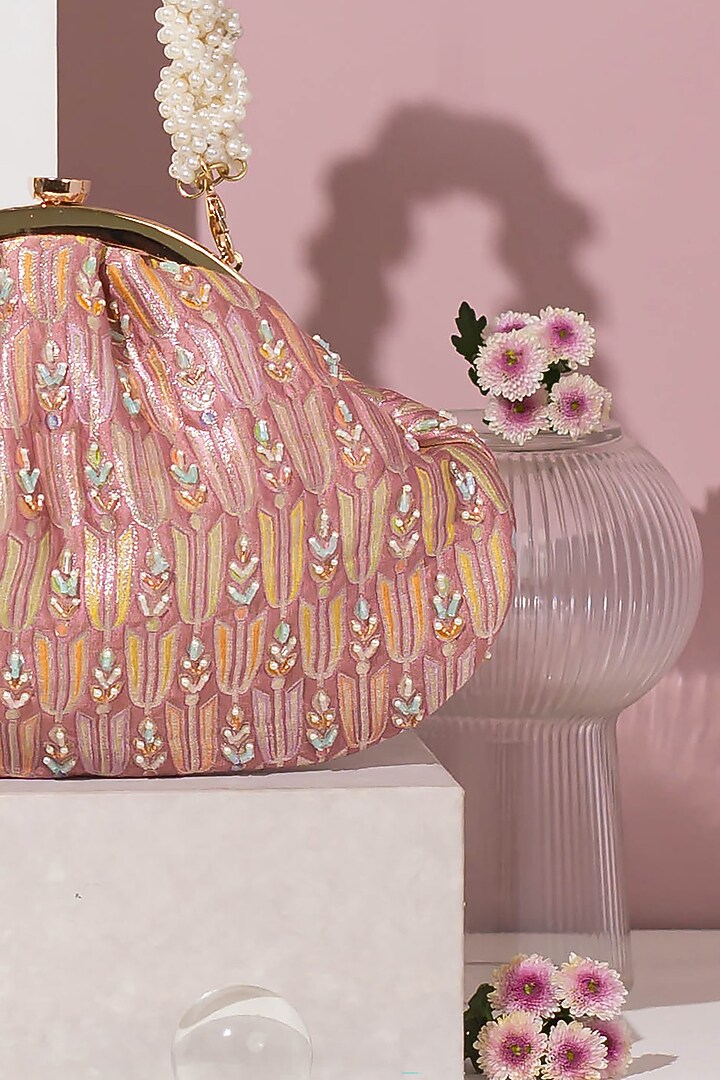 Mauve Pure Banarasi Silk Embroidered Clutch by AMYRA at Pernia's Pop Up Shop