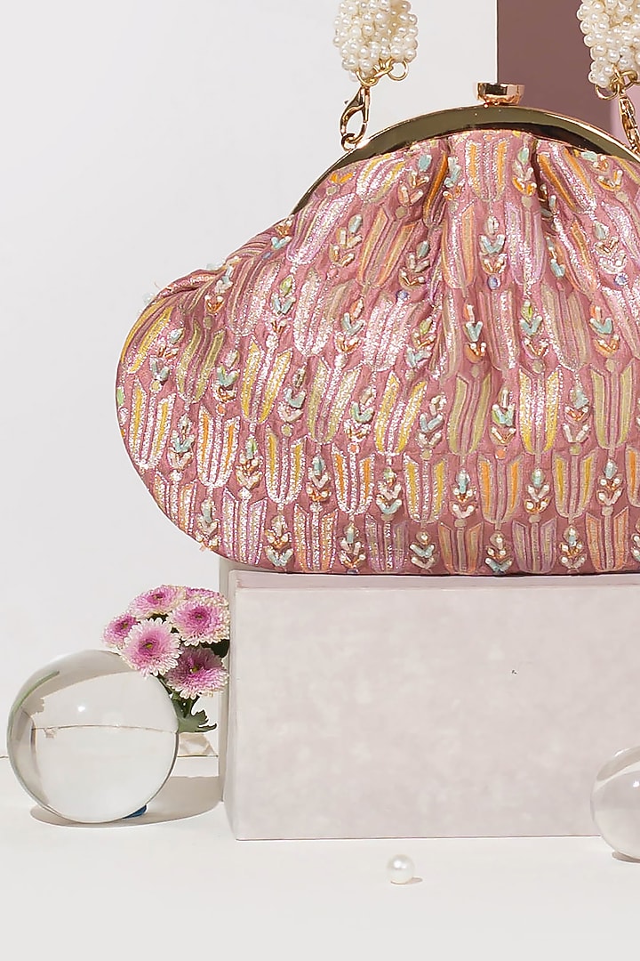 Mauve Pure Banarasi Silk Embroidered Clutch by AMYRA at Pernia's Pop Up Shop