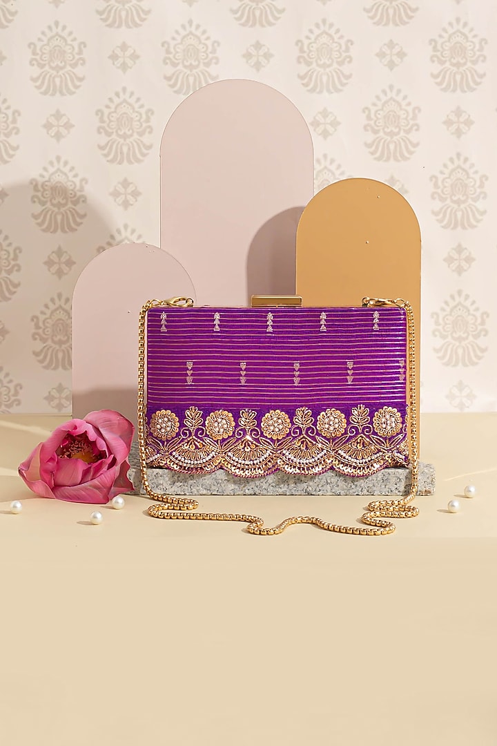 Purple Pure Silk Embroidered Lace Clutch by AMYRA at Pernia's Pop Up Shop