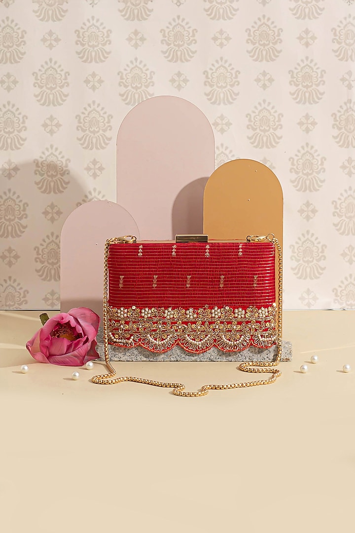 Deep Red Pure Silk Embroidered Lace Clutch by AMYRA at Pernia's Pop Up Shop