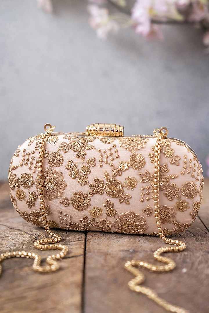 Beige Raw Silk Embroidered Clutch by AMYRA at Pernia's Pop Up Shop