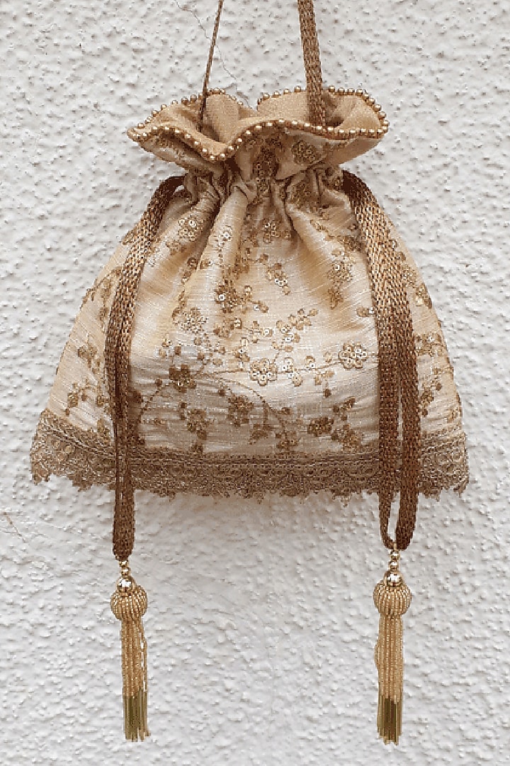 Beige Silk Embroidered Potli by AMYRA at Pernia's Pop Up Shop
