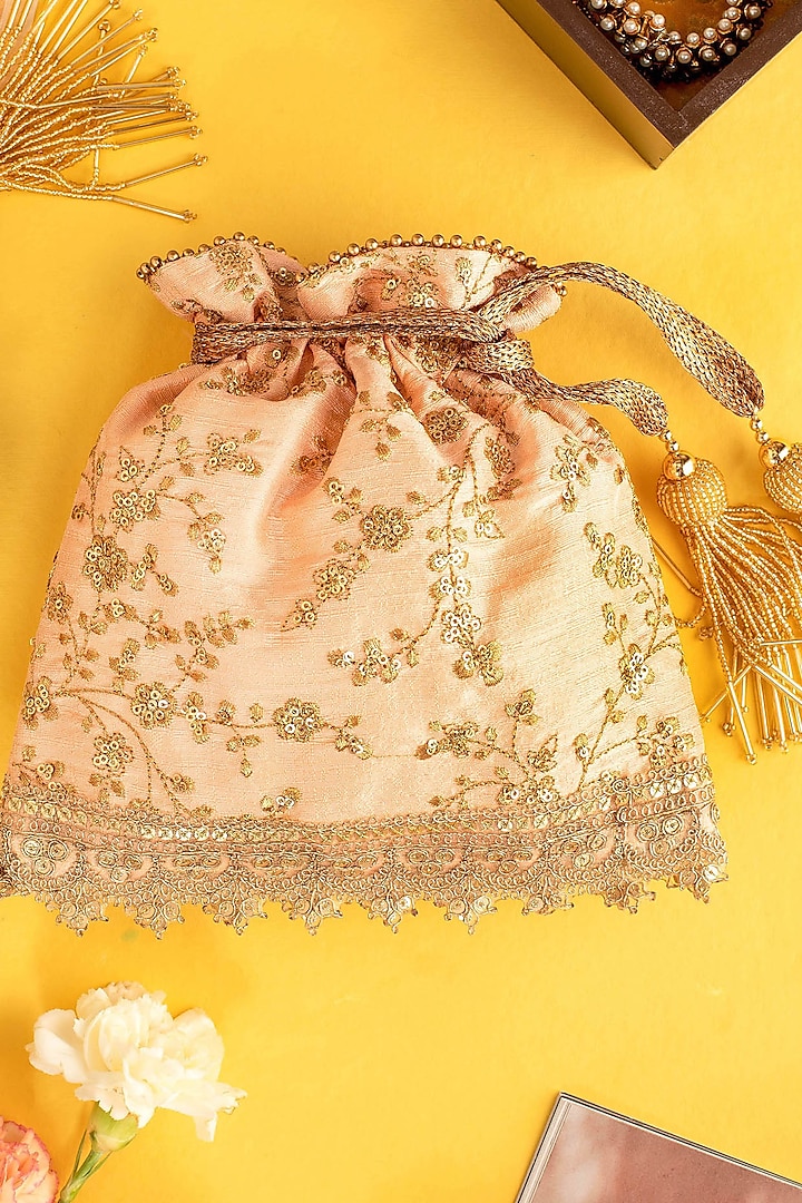 Peach Silk Embroidered Potli by AMYRA at Pernia's Pop Up Shop