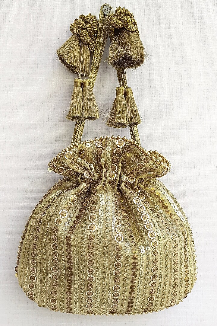 Antique Gold Net & Tissue Embroidered Potli by AMYRA at Pernia's Pop Up Shop