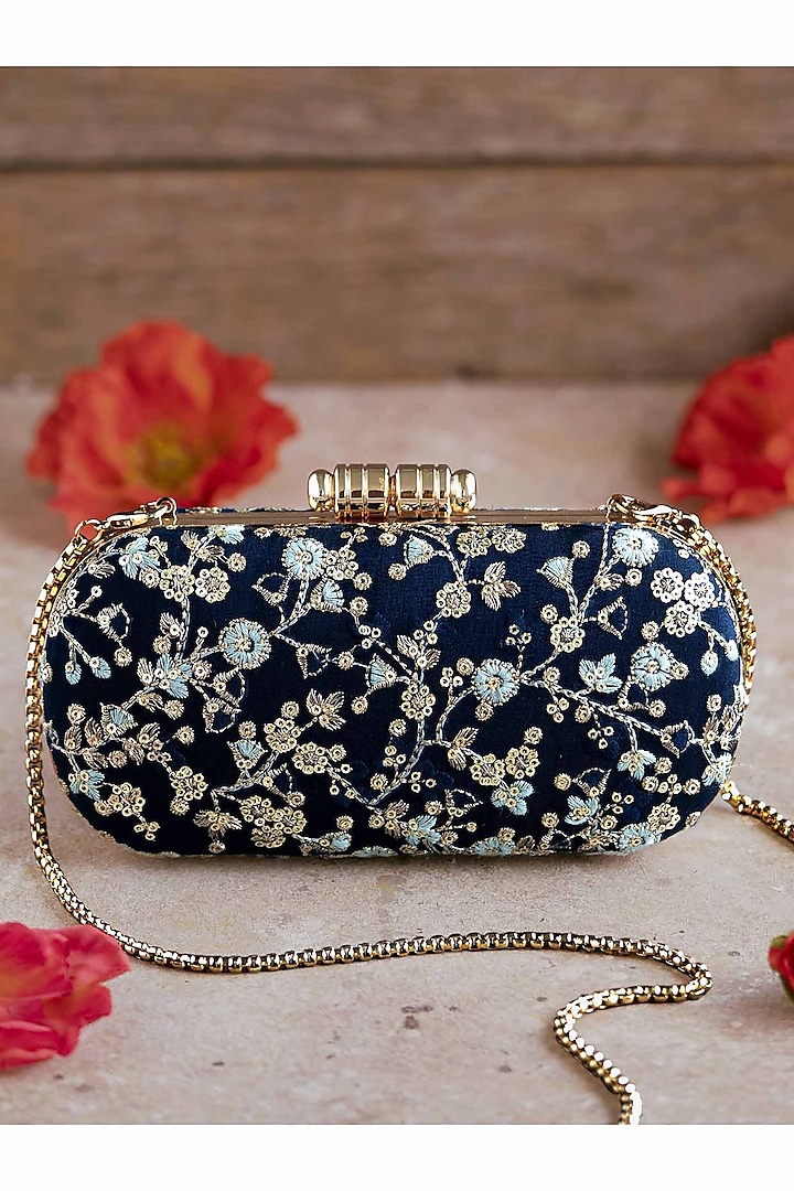 Navy Silk Embroidered Clutch by AMYRA at Pernia's Pop Up Shop
