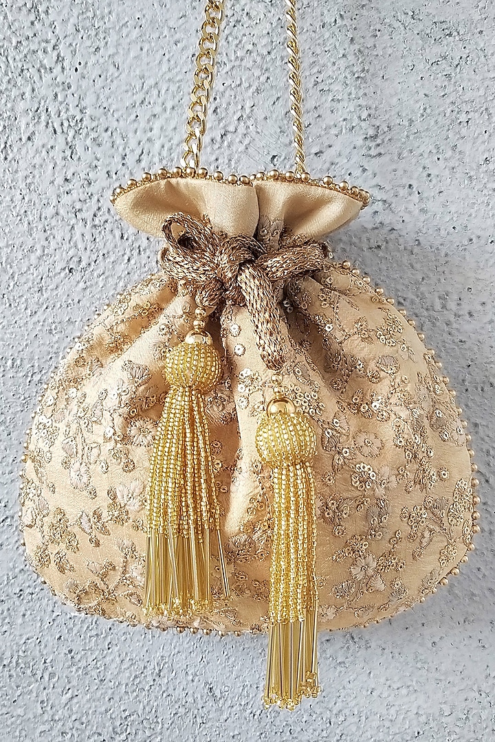 Gold Silk Embroidered Potli by AMYRA at Pernia's Pop Up Shop