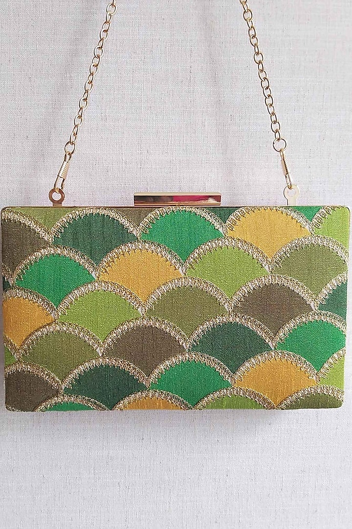 Green Silk Embroidered Clutch by AMYRA