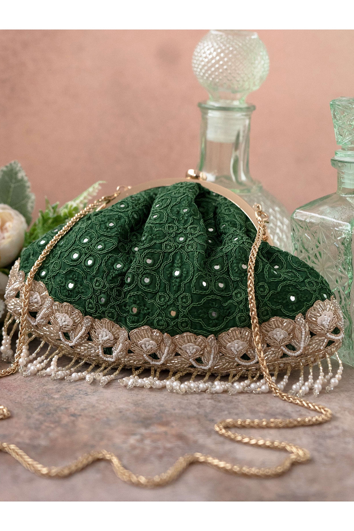 Green Poly Silk Embroidered Potli by AMYRA at Pernia's Pop Up Shop