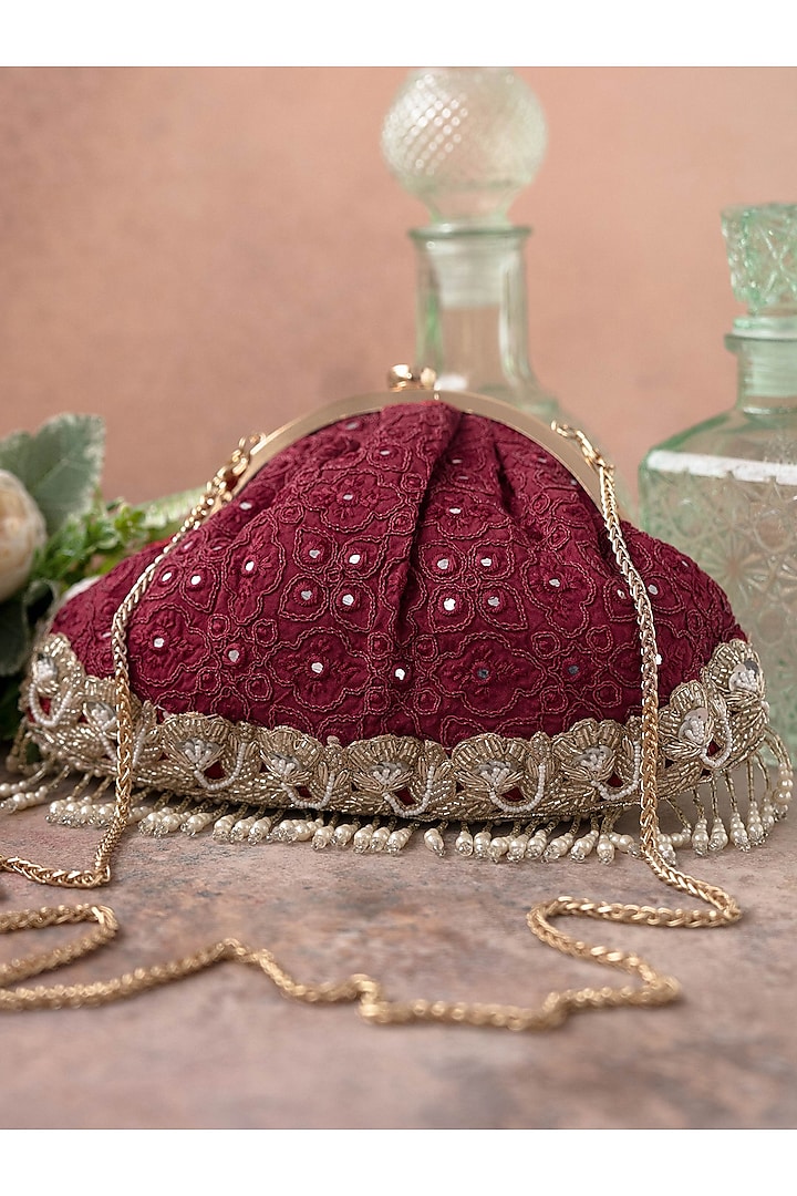 Maroon Poly Silk Embroidered Potli by AMYRA