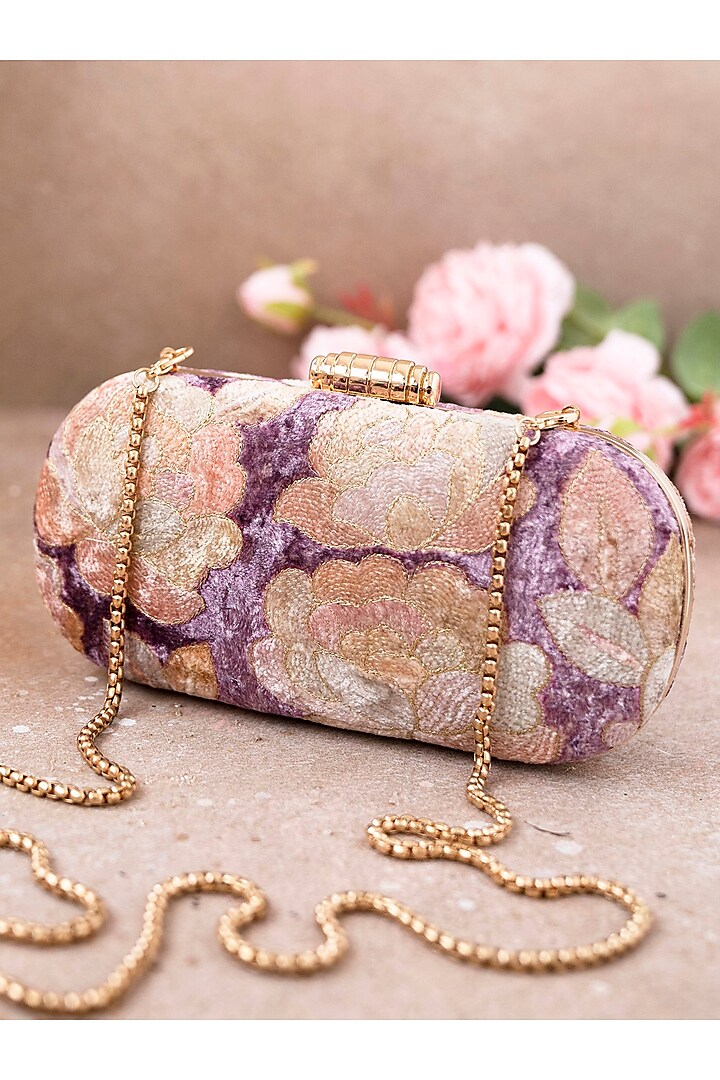 Purple Velvet Embroidered Clutch by AMYRA