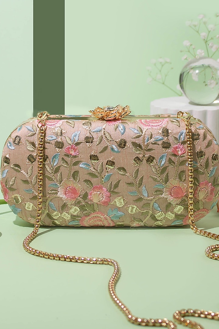 Old Rose Net & Raw Silk Embroidered Clutch by AMYRA at Pernia's Pop Up Shop