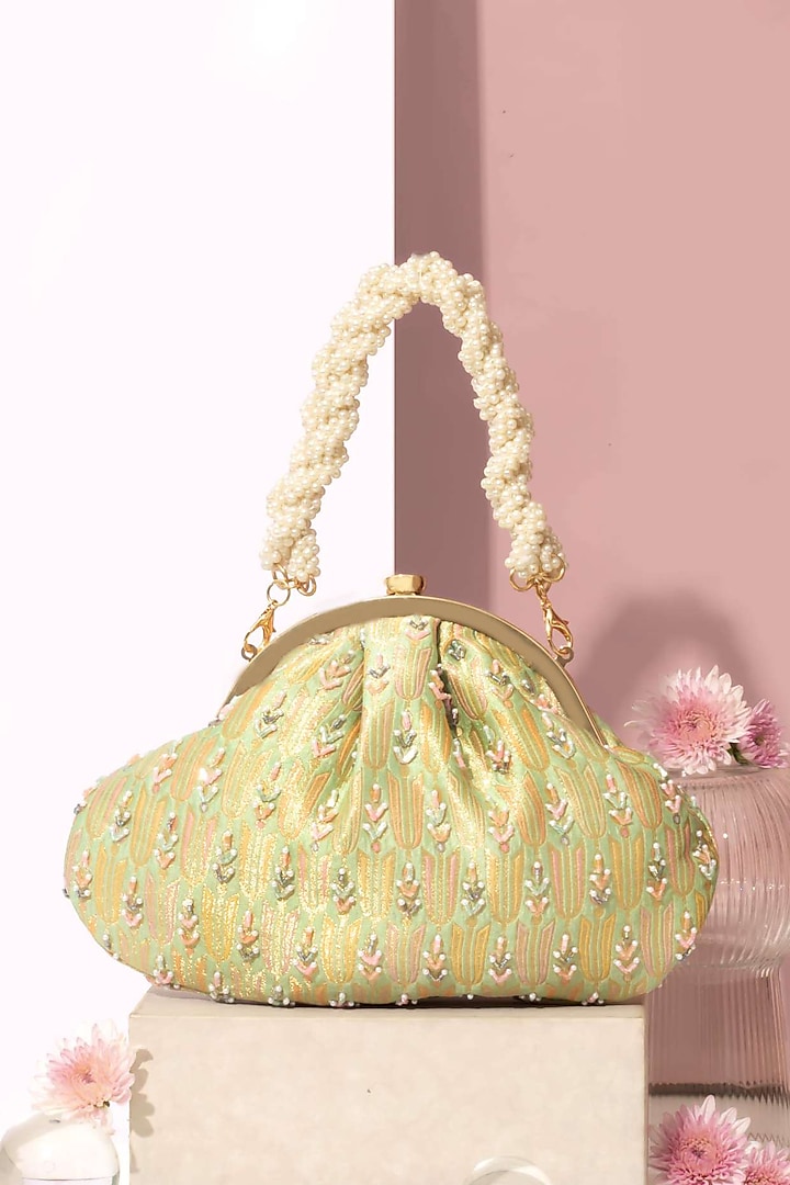 Green Pure Banarasi Silk Embroidered Vintage Purse by AMYRA at Pernia's Pop Up Shop