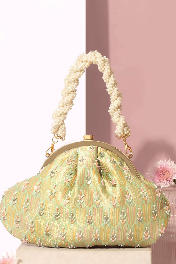 Green Pure Banarasi Silk Embroidered Vintage Purse by AMYRA at Pernia's Pop Up Shop
